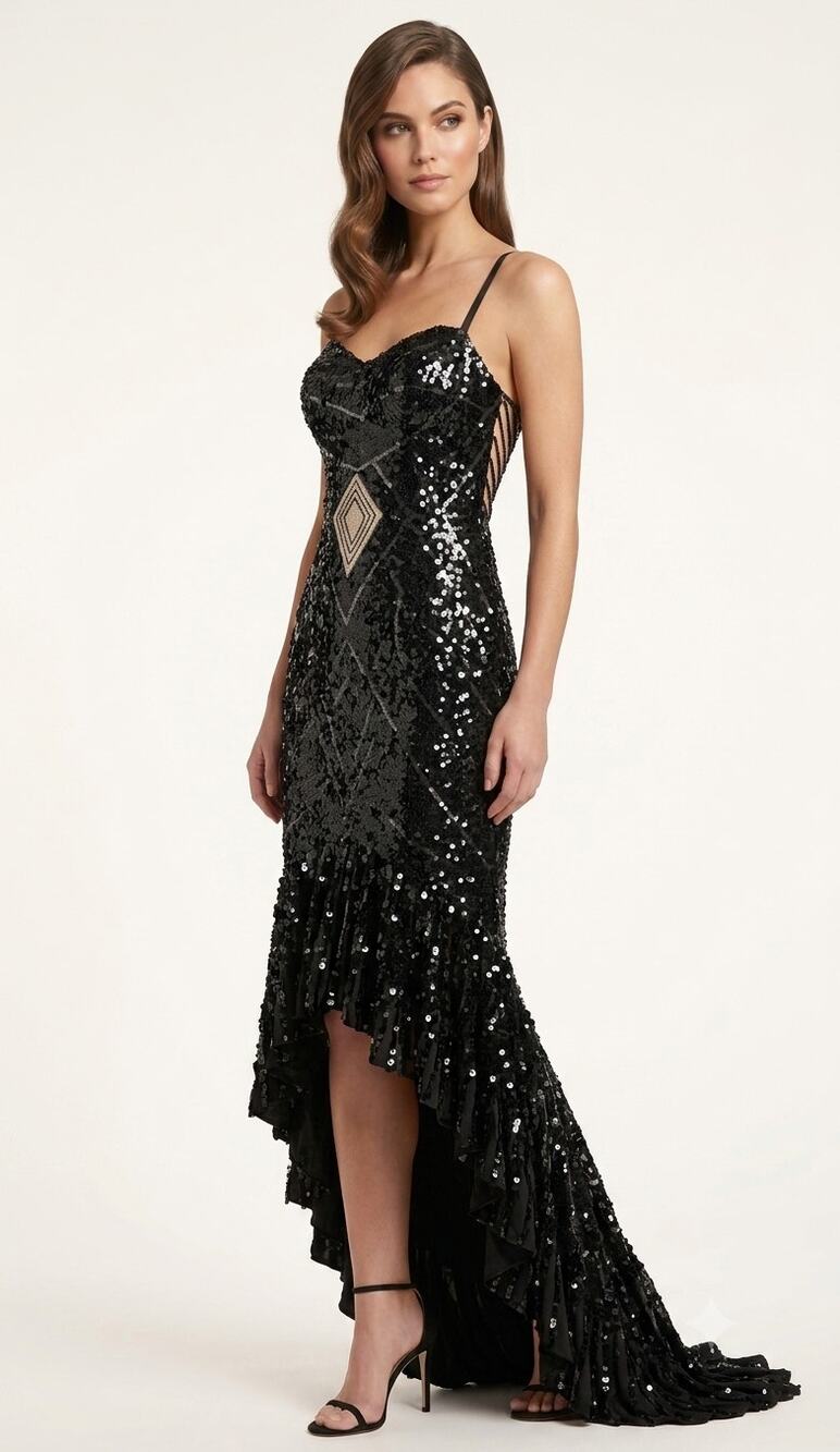 Mandalay Black Sequin Formal Gown Beaded Size 4 High Low Mermaid Y2K Dress Rare